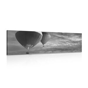 Obraz prelet balónov nad horami v čiernobielom prevedení