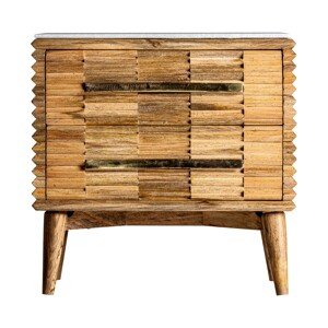 Estila Mramorový nočný stolík Plissé Nature a masívneho dreva v naturálnej hnedej farbe so zásuvkami a zlatými rukoväťami 65cm