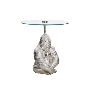 Estila Luxusný glamour okrúhly príručný stolík Wilde s podstavou v tvare gorily a so sklenenou vrchnou doskou strieborná 51 cm