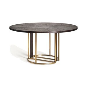 Estila Luxusný okrúhly jedálenský stôl Midas s nohou v zlatej farbe s vertikálnym zdobením a hnedou drevenou vrchnou doskou 150 cm