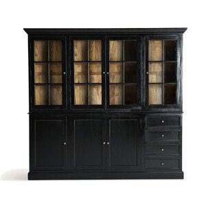 Estila Luxusná čierna vintage štvordverová vitrína Zena Noir so skrinkami a zásuvkami v spodnej časti 205 cm