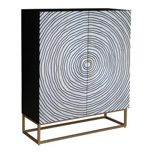 Estila Dizajnová art deco barová skrinka Tocón s čierno bielym reliéfnym zdobením dvierok a zlatou metalickou podstavou 120 cm