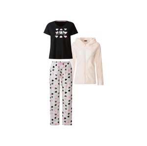 esmara® Dámske pyžamo s mikinou, 3-dielna súprava (XS (32/34), ružová/čierna/srdcia)