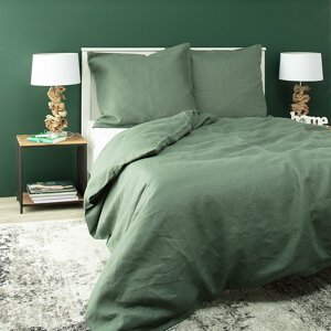 Dekoria Súprava posteľných ľanových obliečok Linen 220x200cm green, 220 x 200 cm/ 2 poszewki 80 x 70 cm